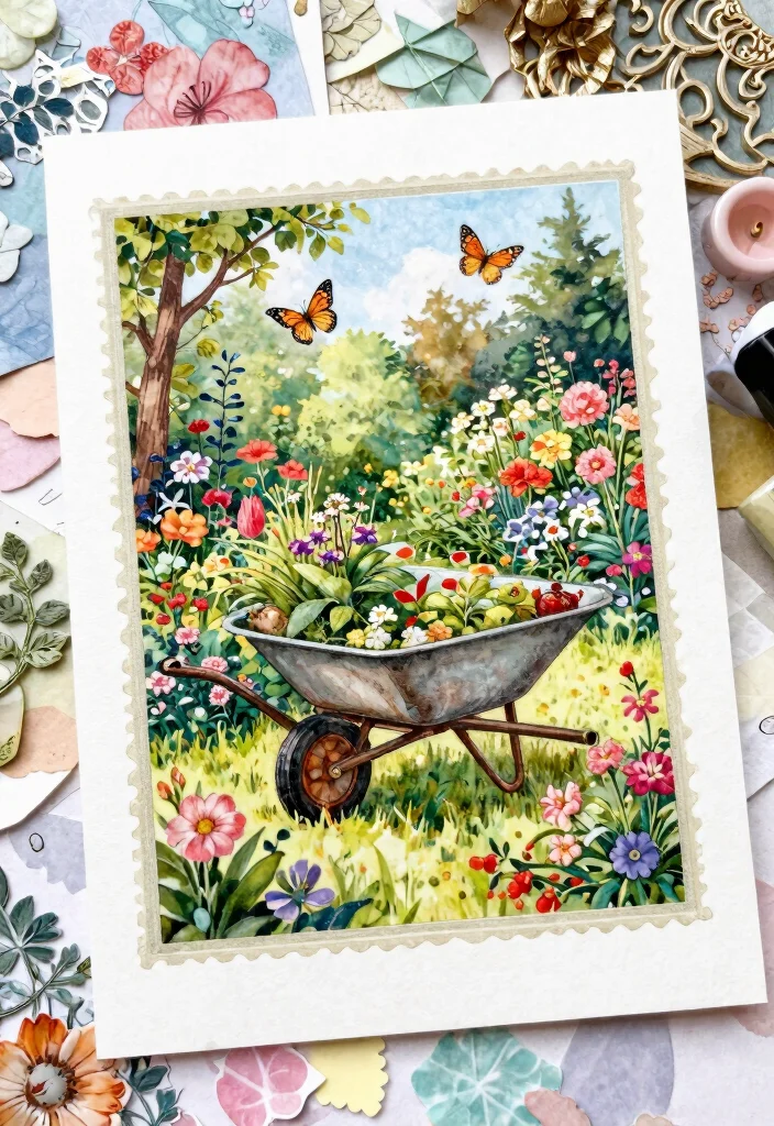 11 Vintage Wheelbarrow Stamp Ideas for Scrapbooking 5. Antique Wheelbarrow in a Garden Scene 0
