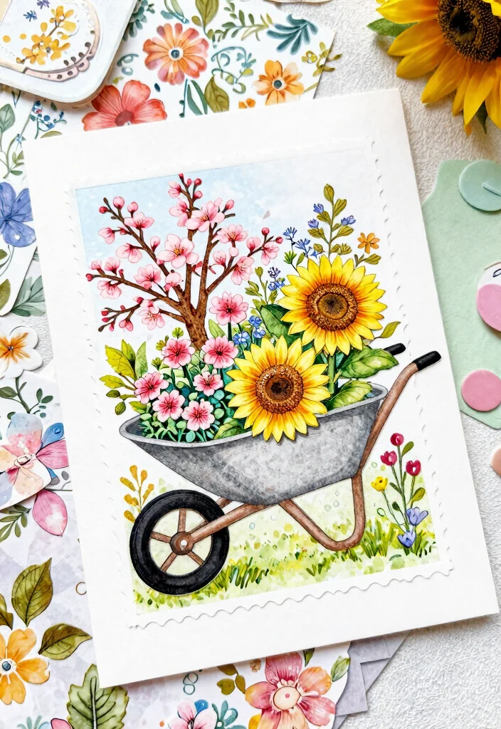 11 Vintage Wheelbarrow Stamp Ideas for Scrapbooking 9. Garden Wheelbarrow with Seasonal Flowers 0
