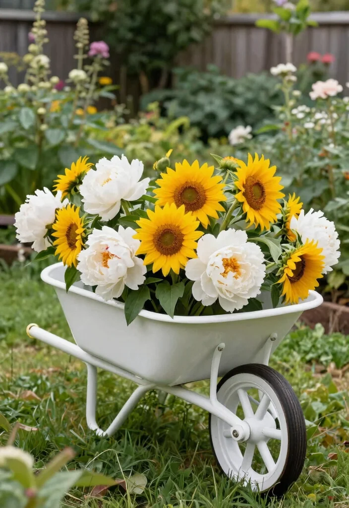13 Beautiful Garden Wheelbarrow Ideas for Floral Displays 1. Classic White Wheelbarrow with Oversized Blooms 0
