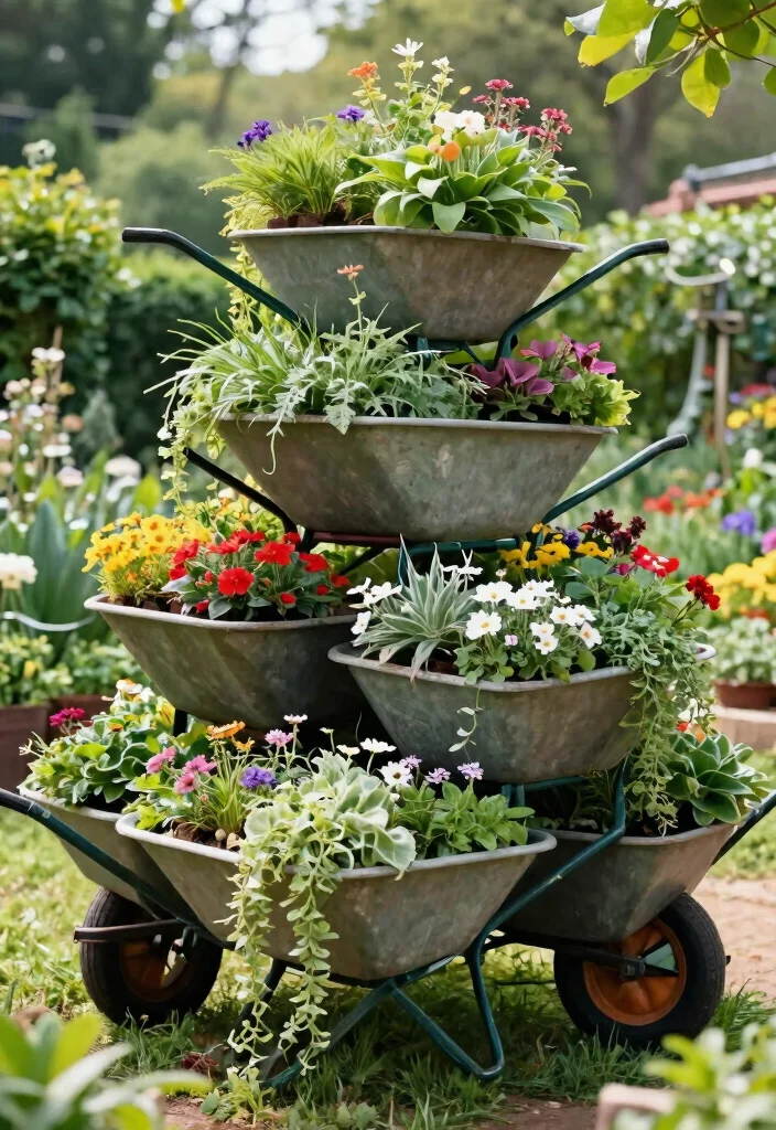 13 Beautiful Garden Wheelbarrow Ideas for Floral Displays 12. Multi tiered Wheelbarrow Display 0