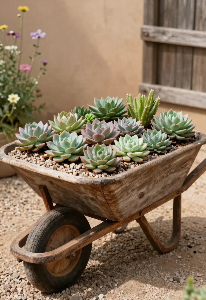 13 Beautiful Garden Wheelbarrow Ideas for Floral Displays 2. Rustic Wheelbarrow with Succulents 0