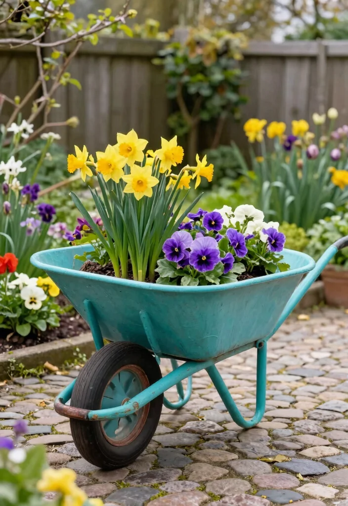 13 Beautiful Garden Wheelbarrow Ideas for Floral Displays 3. Painted Wheelbarrow with Seasonal Flowers 0