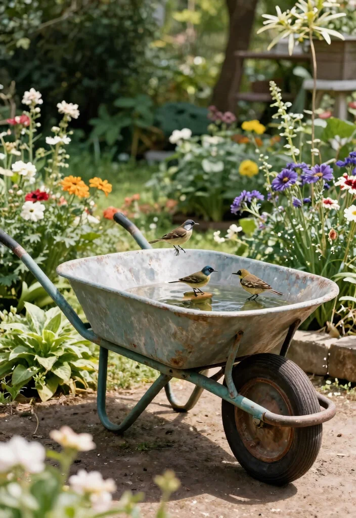 13 Beautiful Garden Wheelbarrow Ideas for Floral Displays 4. Vintage Wheelbarrow as a Bird Bath 0