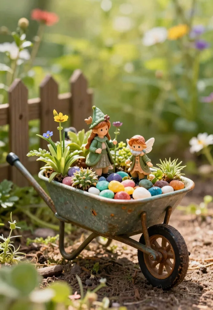 13 Beautiful Garden Wheelbarrow Ideas for Floral Displays 5. Wheelbarrow with Fairy Garden 0