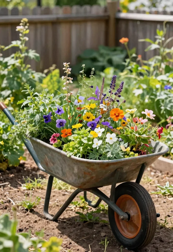 13 Beautiful Garden Wheelbarrow Ideas for Floral Displays 6. Upcycled Wheelbarrow with Edible Plants 0