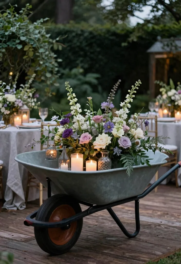 13 Beautiful Garden Wheelbarrow Ideas for Floral Displays 7. Wheelbarrow Centerpiece for Outdoor Events 0