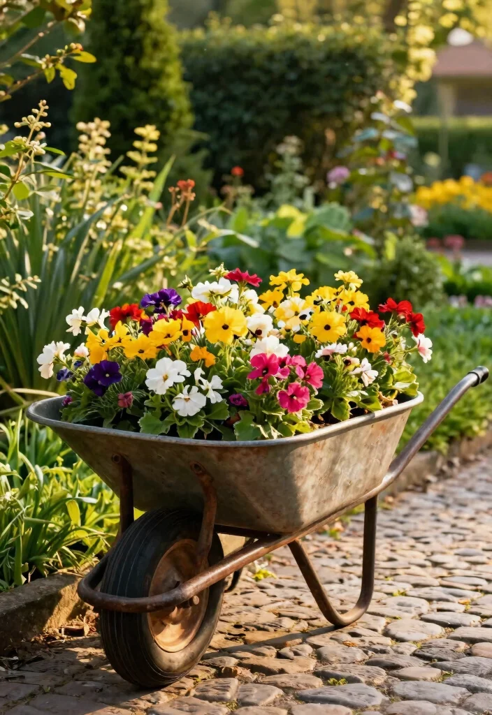 13 Beautiful Garden Wheelbarrow Ideas for Floral Displays 8. Wheelbarrow as a Flower Bed 0