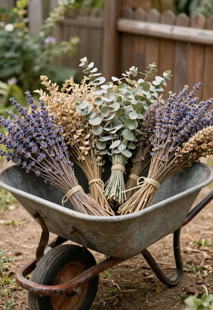 13 Beautiful Garden Wheelbarrow Ideas for Floral Displays 9. Wheelbarrow with Dried Flowers 0