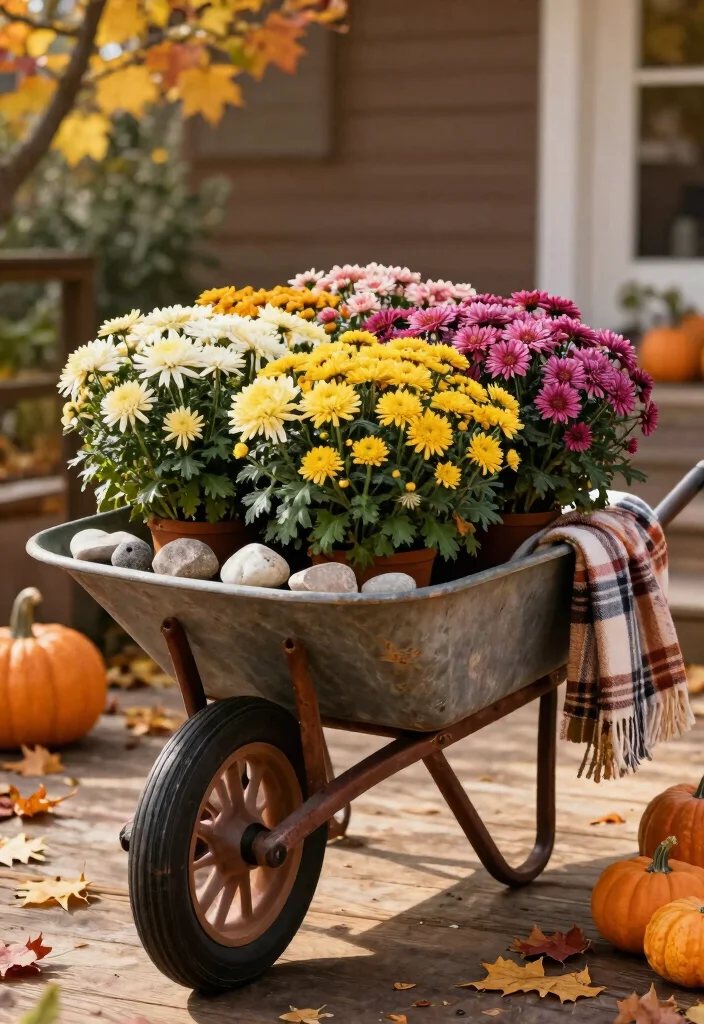 13 Cozy Wheelbarrow Planter Ideas for Fall Season Inspiration 1. Vintage Charm with Mums 0