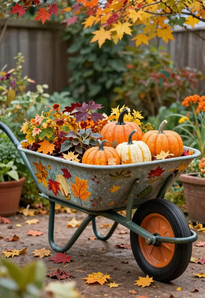 13 Cozy Wheelbarrow Planter Ideas for Fall Season Inspiration 10. Painted Fall Scene 0