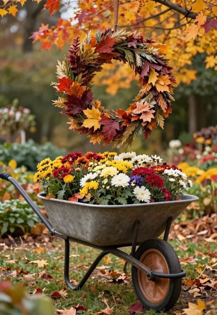 13 Cozy Wheelbarrow Planter Ideas for Fall Season Inspiration 12. Seasonal Wreath Accents 0