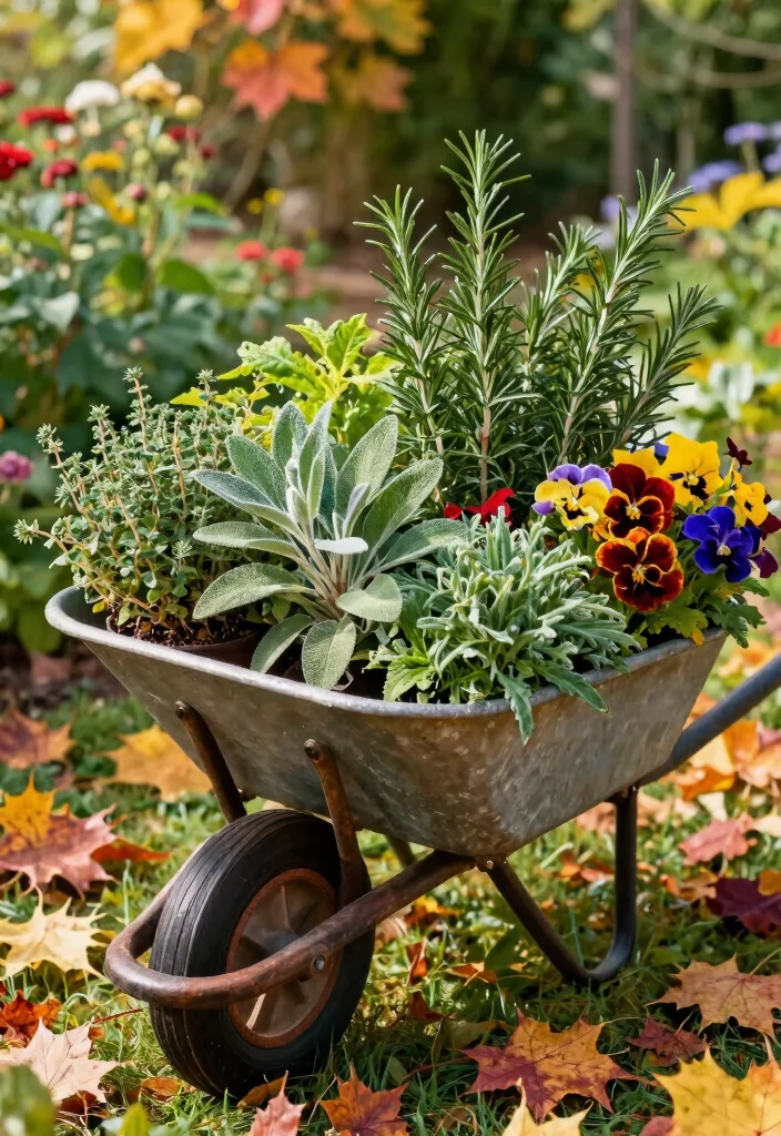 13 Cozy Wheelbarrow Planter Ideas for Fall Season Inspiration 13. Seasonal Herb Garden 0