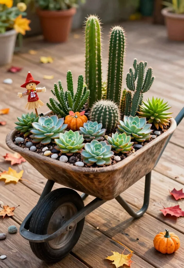 13 Cozy Wheelbarrow Planter Ideas for Fall Season Inspiration 3. Succulent Wonderland 0