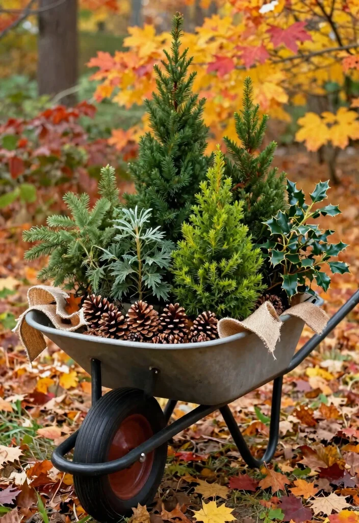 13 Cozy Wheelbarrow Planter Ideas for Fall Season Inspiration 8. Evergreen Elegance 0