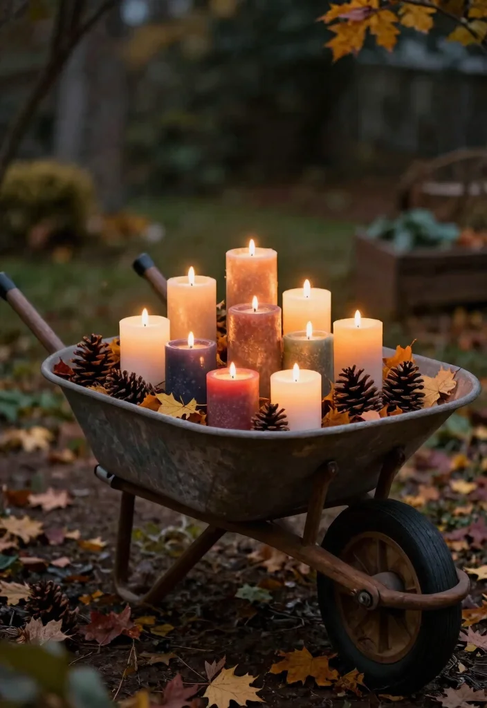 13 Cozy Wheelbarrow Planter Ideas for Fall Season Inspiration 9. Cozy Candlelit Wheelbarrow 0