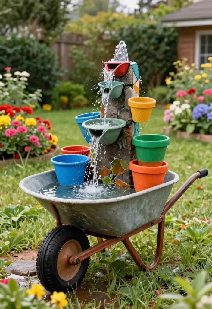 13 Grand Front Yard Water Fountain Ideas Curb Appeal 3. Recycled Materials Fountain 0
