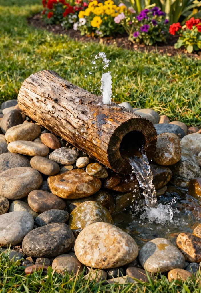 13 Natural Rock Water Fountain Ideas for Your Small Garden 4. Log and Stone Combination Fountain 0