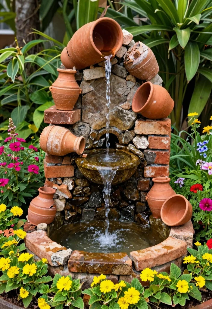13 Natural Rock Water Fountain Ideas for Your Small Garden 6. Recycled Materials Fountain 0