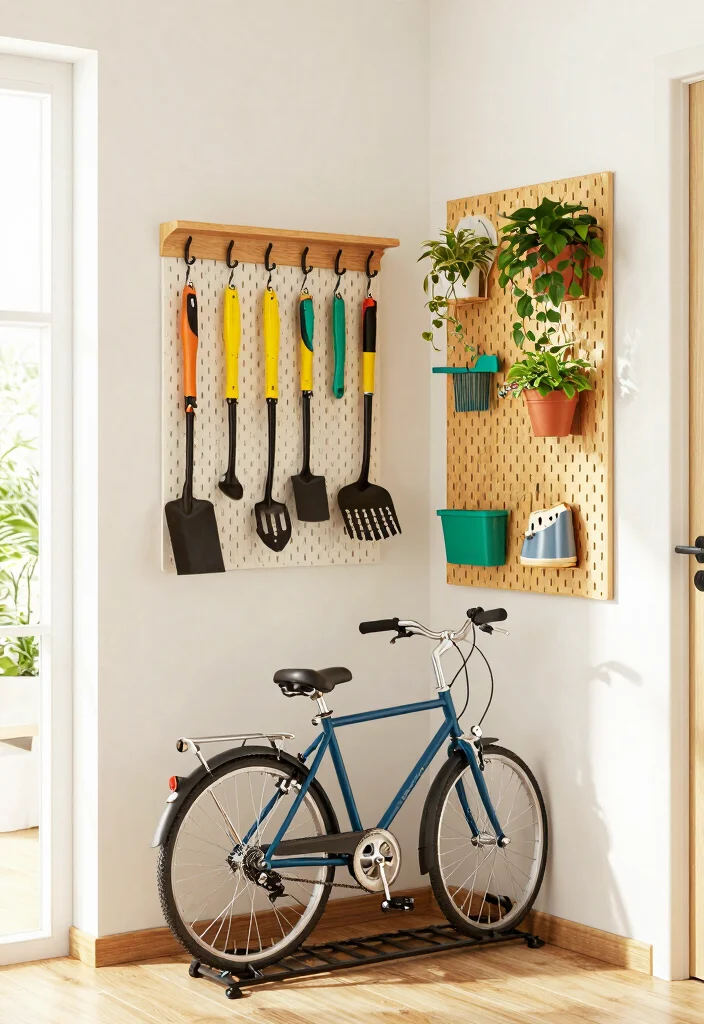 13 Pro Apartment Bike Storage Tips for Tiny Spaces 11. Hooks for Gardening Tools 0