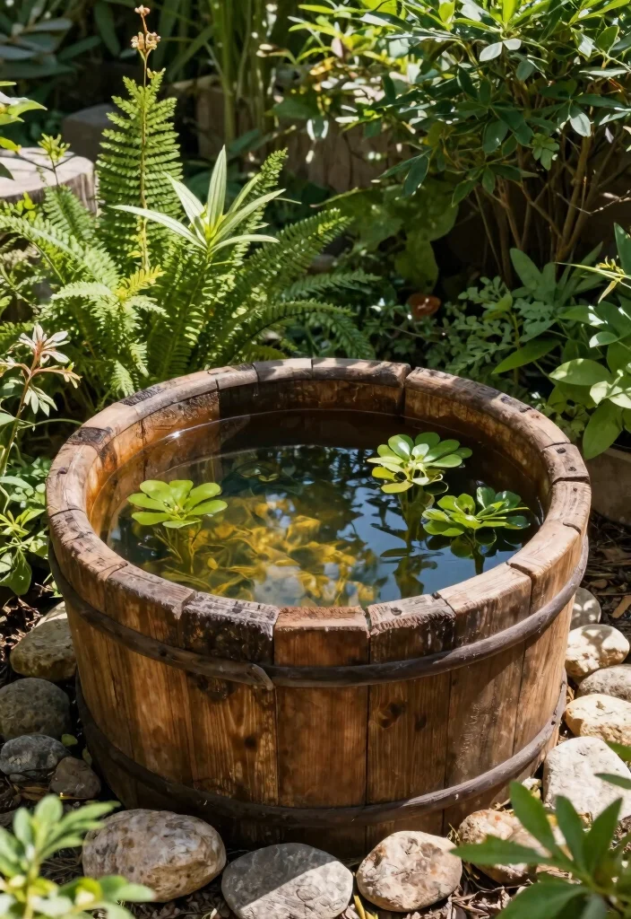 13 Relaxing Bird Bath Pond Ideas for a Backyard Retreat 4. Rustic Wooden Tub Pond 0