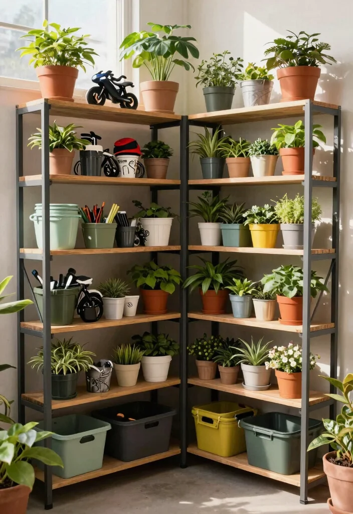 13 Ultimate Bike Gear Storage Ideas End the Clutter 8. Corner Shelves for Gardening Supplies 0