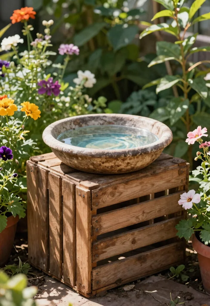 13 Unique Repurposed Bird Bath Ideas to Upcycle Junk 11. Vintage Crate Bird Bath 0