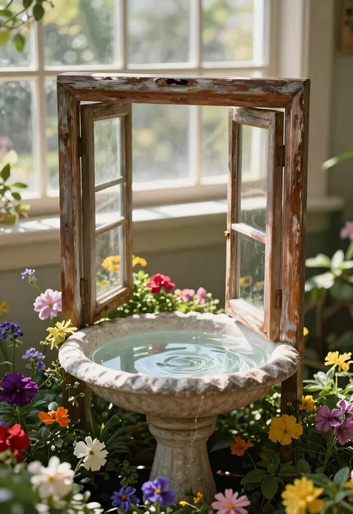 13 Unique Repurposed Bird Bath Ideas to Upcycle Junk 12. Window Frame Bird Bath 0
