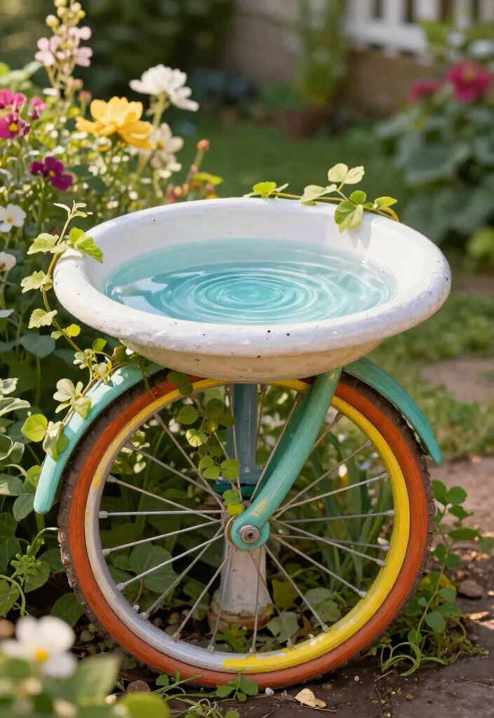 13 Unique Repurposed Bird Bath Ideas to Upcycle Junk 3. Old Bicycle Wheel Bird Bath 0
