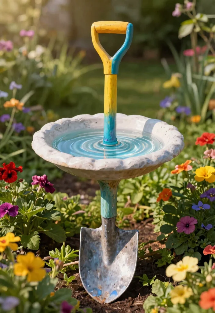 13 Unique Repurposed Bird Bath Ideas to Upcycle Junk 9. Old Shovel Bird Bath 0