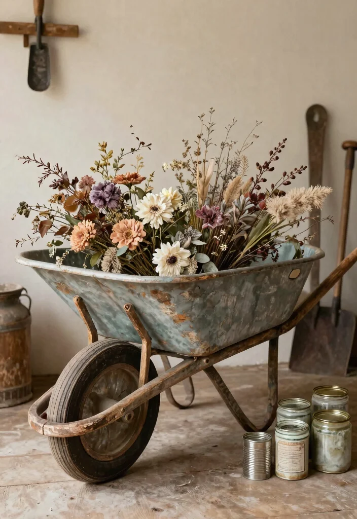 13 Unique Wheelbarrow Decorating Ideas for Every Season 10. Vintage Farmhouse Charm 0
