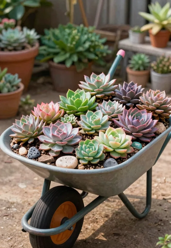 13 Unique Wheelbarrow Decorating Ideas for Every Season 11. Colorful Succulent Garden 0