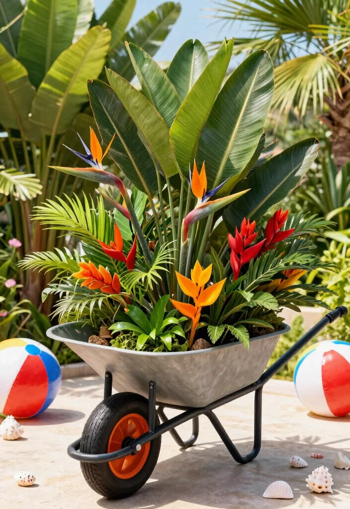 13 Unique Wheelbarrow Decorating Ideas for Every Season 12. Tropical Escape 0