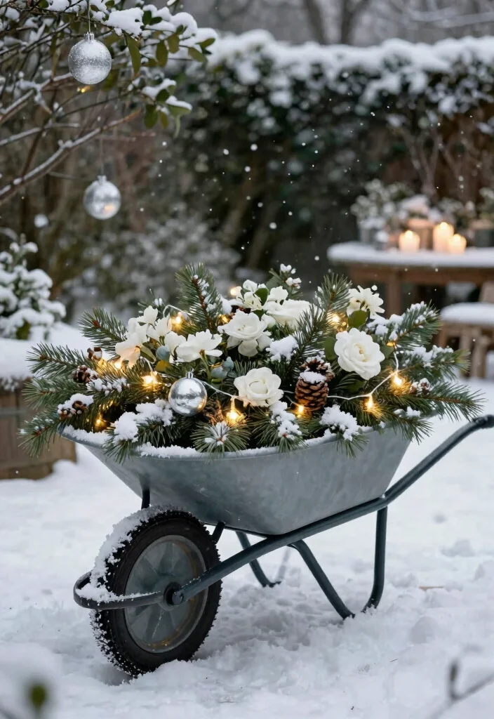 13 Unique Wheelbarrow Decorating Ideas for Every Season 13. Elegant Winter Centerpiece 0