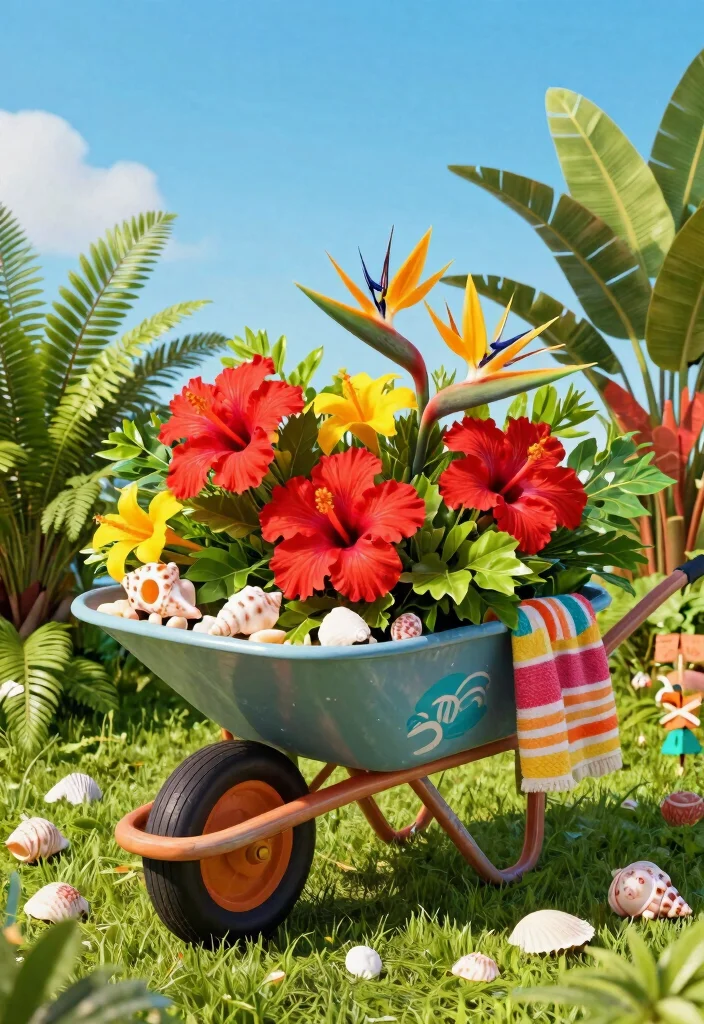 13 Unique Wheelbarrow Decorating Ideas for Every Season 2. Summer Vibes Tropical Paradise 0