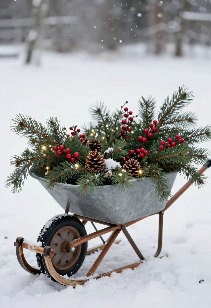13 Unique Wheelbarrow Decorating Ideas for Every Season 4. Winter Wonderland Evergreen Elegance 0