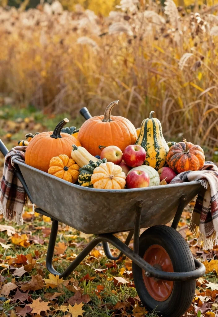 13 Unique Wheelbarrow Decorating Ideas for Every Season 7. Autumn Harvest Display 0