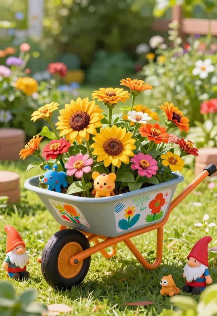 13 Unique Wheelbarrow Decorating Ideas for Every Season 9. Playful Childrens Garden 0