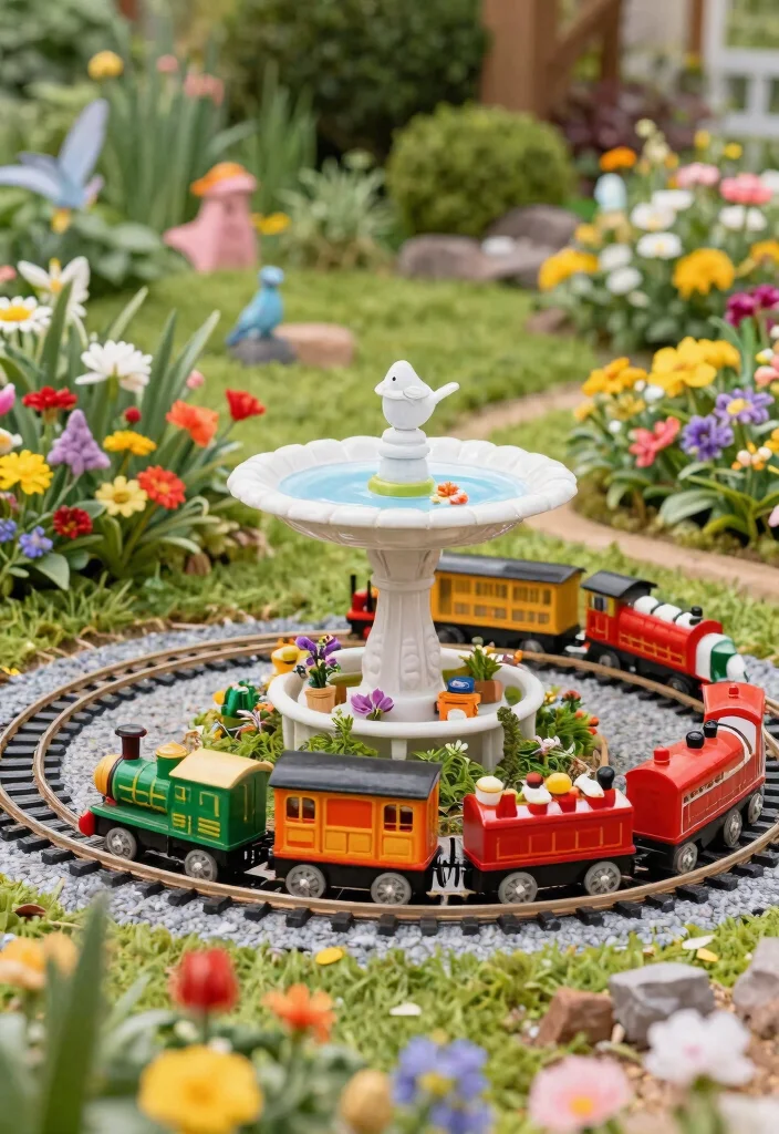 13 Whimsical Bird Bath Fairy Garden Ideas Kids Will Love 12. Miniature Train Garden 0