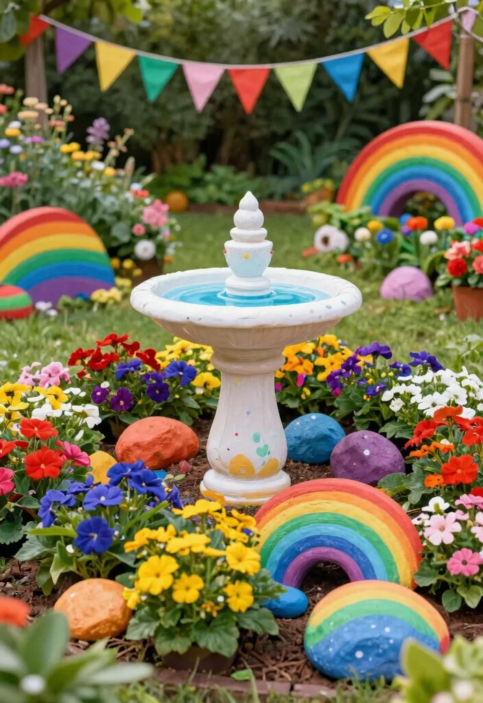 13 Whimsical Bird Bath Fairy Garden Ideas Kids Will Love 13. Rainbow Garden 0