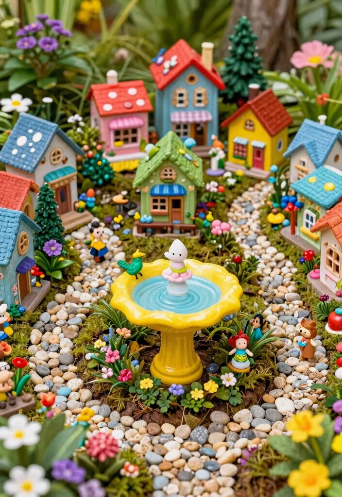 13 Whimsical Bird Bath Fairy Garden Ideas Kids Will Love 2. Colorful Miniature Village 0