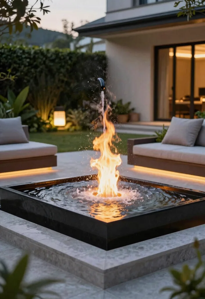 15 Aesthetic Bloxburg Water Fountain Ideas for Luxury Builds 5. Contemporary Fire and Water Fountain 0