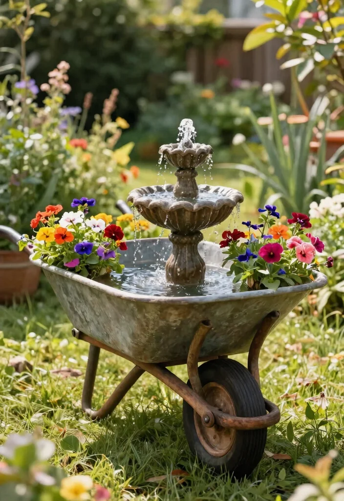 15 Beautiful Water Fountain Planter Garden Ideas Must See 9. Rustic Wheelbarrow Water Fountain Planters 0