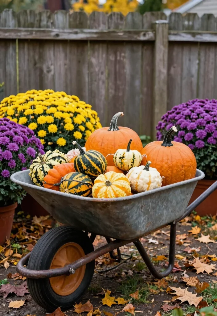 15 Cozy Fall Wheelbarrow Ideas with Pumpkins and Mums 1. Classic Pumpkin and Mums Combo 0