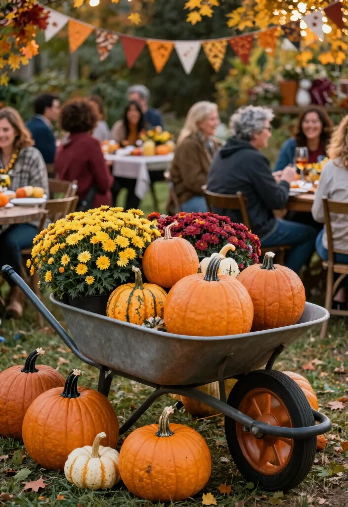 15 Cozy Fall Wheelbarrow Ideas with Pumpkins and Mums 10. Festive Fall Centerpiece 0