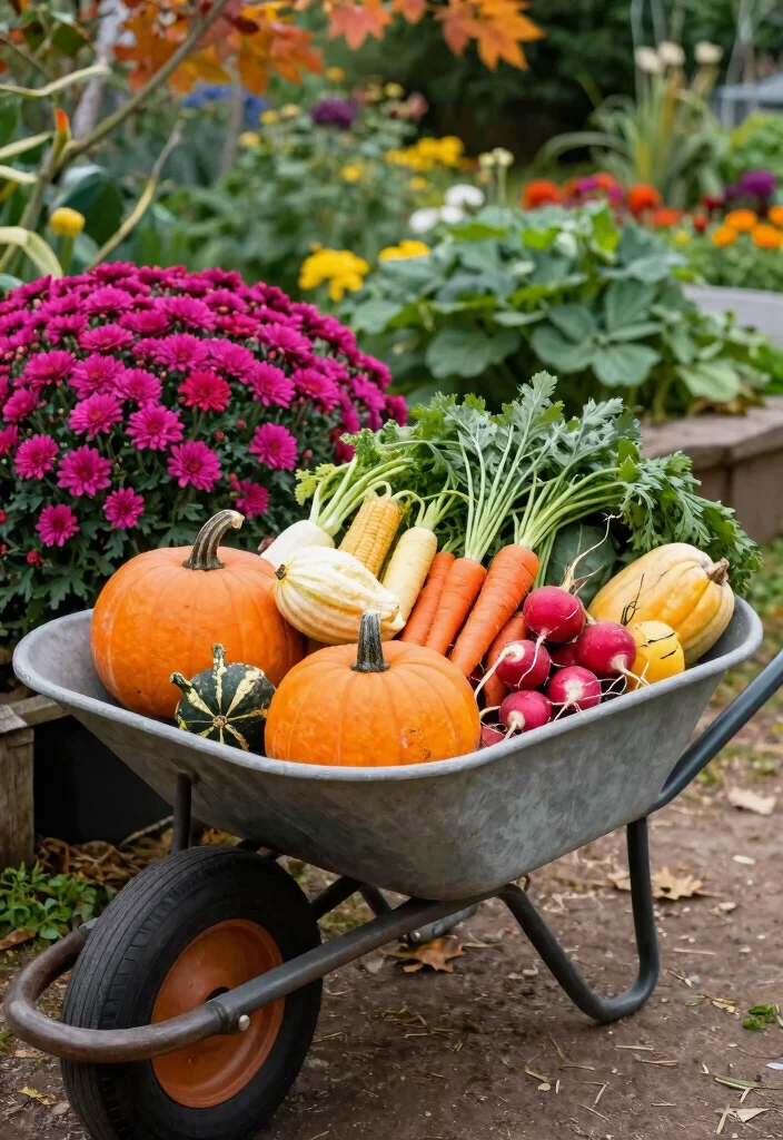 15 Cozy Fall Wheelbarrow Ideas with Pumpkins and Mums 11. Mixed Vegetable Delight 0