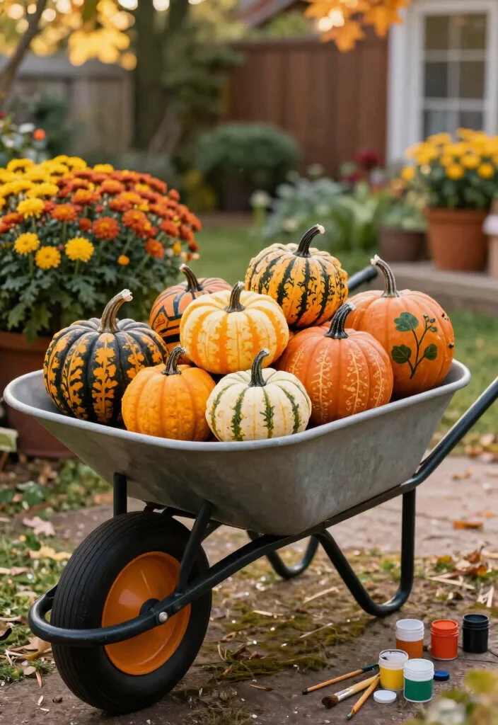 15 Cozy Fall Wheelbarrow Ideas with Pumpkins and Mums 12. DIY Painted Pumpkins 0