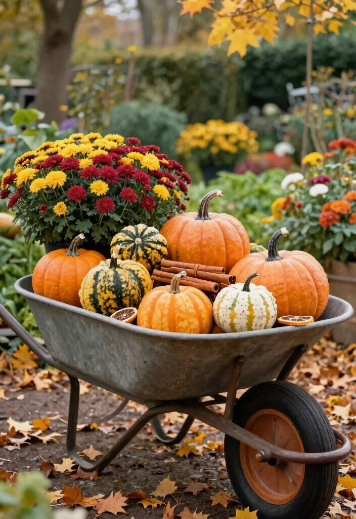 15 Cozy Fall Wheelbarrow Ideas with Pumpkins and Mums 13. Seasonal Scented Elements 0