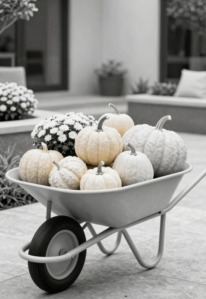 15 Cozy Fall Wheelbarrow Ideas with Pumpkins and Mums 14. Elegant Monochrome Arrangement 0