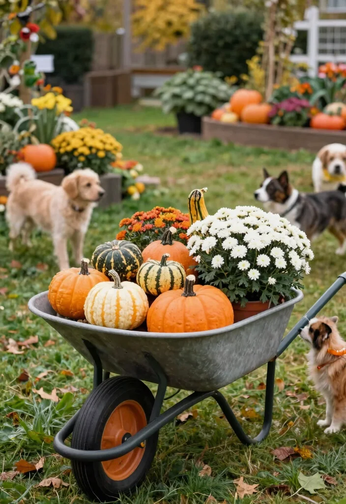 15 Cozy Fall Wheelbarrow Ideas with Pumpkins and Mums 15. Pet Friendly Fall Display 0
