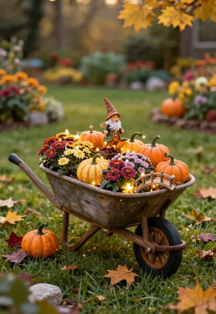 15 Cozy Fall Wheelbarrow Ideas with Pumpkins and Mums 2. Whimsical Fairy Garden Wheelbarrow 0